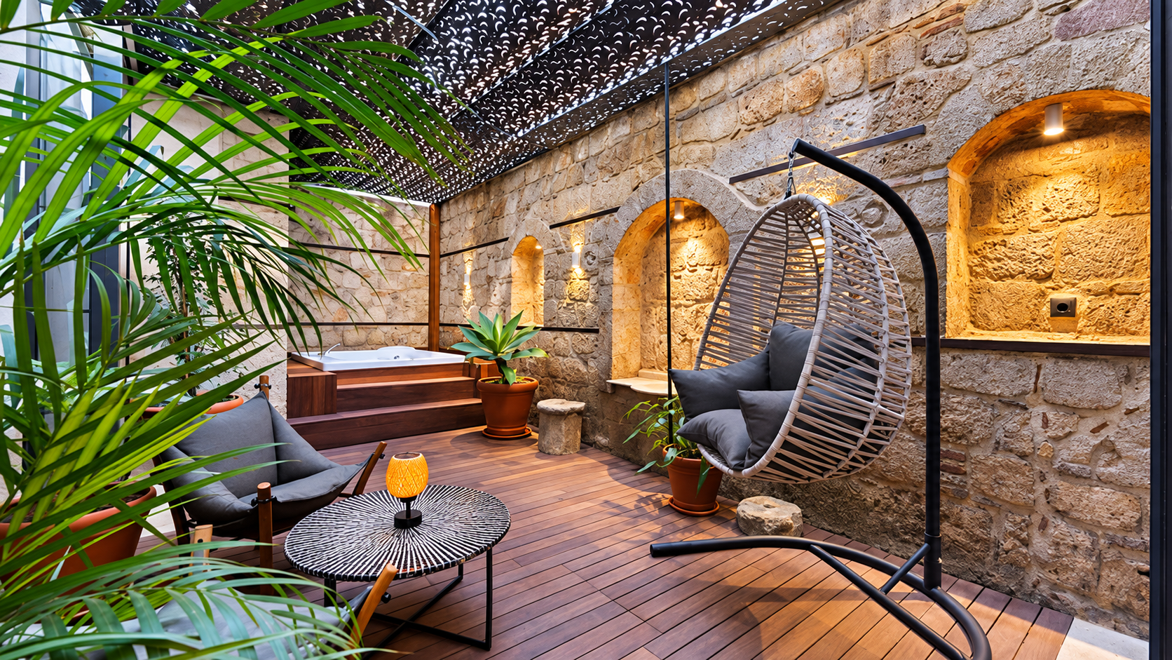 Belmondo Suites taş duvarlı bahçe süiti ahşap uygulaması